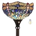 WERFACTORY Tiffany Floor Lamp Sea Blue Stained Glass Dragonfly Light 12X12X66 Inches Pole Torchiere Standing Corner Torch Uplight Decor Bedroom Living Room Home Office S631 Series