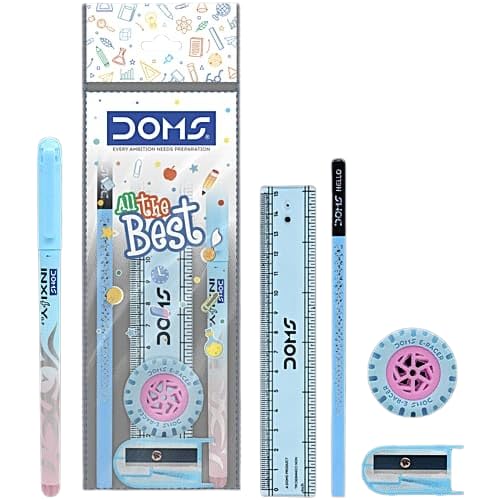 Image of Doms All The Best Stationery Kit| Includes 1 Each- Inxify Plus Ballpen Blue Ink, 15 Cm. Scale, Triangular Extra Dark Wooden Pencil, Long Point Sharpener & Tyre Shape Eraser| For Daily Use| Pack of 10