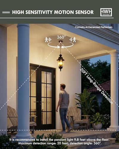 Image of Motion Sensor Outdoor Hanging Light, HWH 360 Detection Outdoor Pendant Light for Porch, Exterior Hanging Lantern with Seeded Glass, Matte Black Finish, 5HW90H-L-SE BK