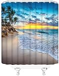 Beach Ocean Shower Curtain Tropical Summer Hawaiian Sunrise Landscape Palm Tree Sea Blue Sky Coastal Seaside Sunset Scenic Nature Polyester Fabric Bathroom Curtain Sets Hook 70 x 70 Inch