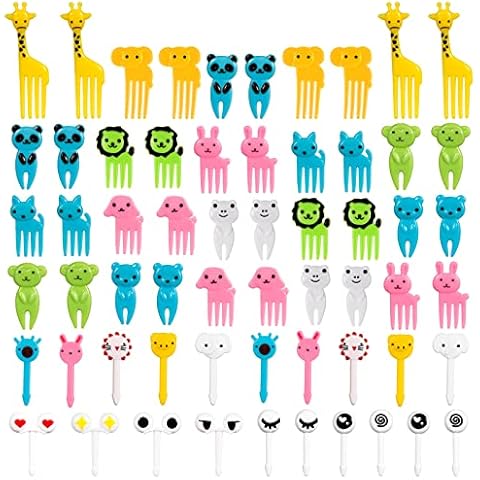 SOSPIRO 60 Stücke Obstgabeln Tiere Bento, Kinder Food Picks Mini Cartoon Spieße Zahnstocher Dessertobst Süße Niedlich Dekoration Cover