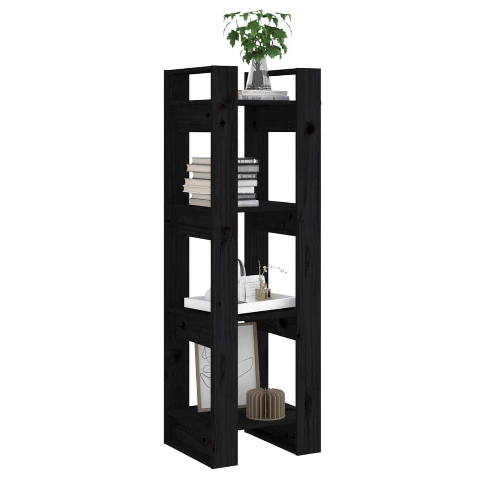 Rantry Bücherregal / Raumteiler Schwarz 41 x 35 x 125 cm aus massivem Kiefernholz, Bücherregal, Vitrine, vertikales Bücherregal, platzsparend, Regal für Wohnzimmer, Büro