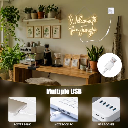 Image of ineonlife Welcome to the Jungle Neon Sign Green Letter LED Neon Lights for Bedroom Wall Love Oh Baby for Room Decor Bar Party Wedding Engagement Wall Hanging Decor USB Powered (White)
