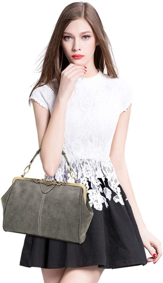 Women Vintage Small Retro Handbags Kiss Lock Crossbody Purse Frosted Leather Messenger Bag Tote - Image 2