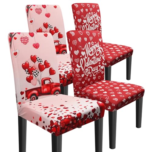 wefrea Valentine Chair Covers Set of 4 Valentines Heart Chair Back Covers Valentine Dining Chair Covers for Party Kitchen Removable Valentines Decorations