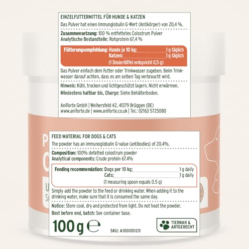 AniForte Premium Colostrum für Hunde & Katzen 100g Pulver - Natürliche Erstmilch, Kolostrum unterstützt Abwehrkräfte & Magen-Darm-Trakt, Immunglobulin G in Lebensmittelqualität