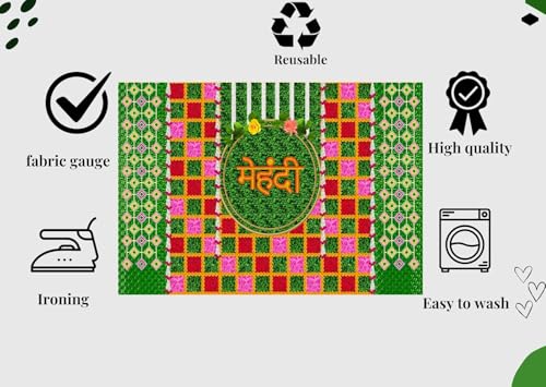 Image of DARSHANAM WORLD Wedding Decorative Cloth for Haldi & Mehndi Ceremony, Photoshoot, Haldi Background Enhancer for Mehndi Ceremony (8x5 ft, 3D Printed Backdrop with Floral & Logo Design) (Green & RED)