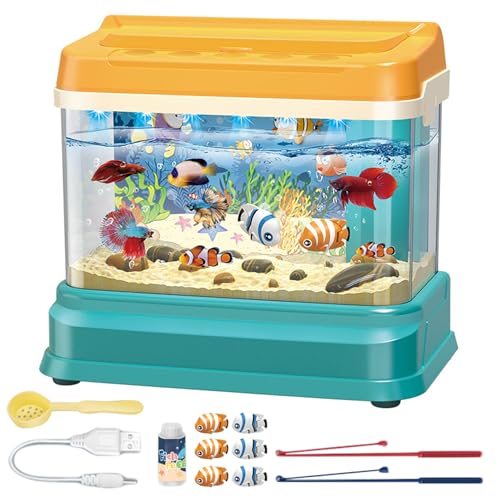Artificial Fish Tank with Moving Fish Interactive Sound Light 3-Levels Rechargeable Fishing Toy with Rod for Girls Boys