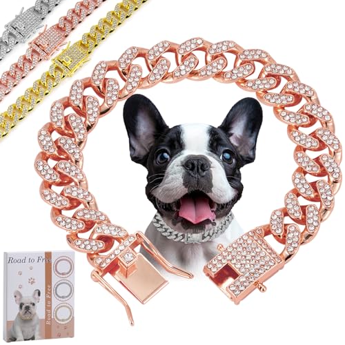 Image of Rosegold Dog Chain Diamond Collar Walking Metal Chain Collar with Secure Buckle, Pet Cuban Style Collar Jewelry Accessories for Small Medium Large Dogs, Available in Pet Gift (Rosegold, 20inch)