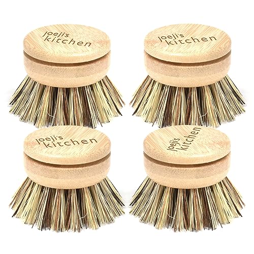 Joejis Hard Bristle Dish Brush Replacement Heads Set of 4 Wooden Eco Washing Up Brush with Sisal Fibre Bristles - Dish Brushes for Washing Up Plates, Stove Tops, Bathtubs, & More