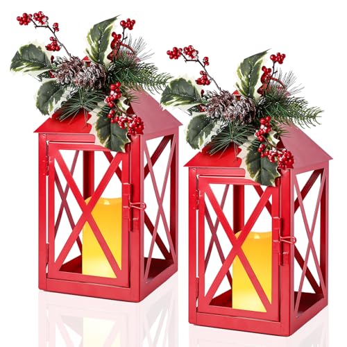 Christmas Lanterns Decorative Outdoor, Waterproof 14.2" Decorative Christmas Red Lantern Indoor Decor Metal Hanging Candle Holder LED Flameless Candle Lantern for Patio, Porch, 2 Packs