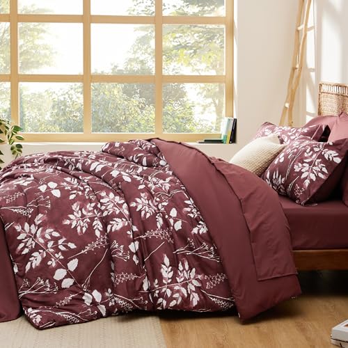 Image of Bedsure Floral Burgundy Comforter Set, King Bedding Sets, 7 Piece | Bed in a Bag, Comforters, Bedroom, Reversible, Fluffy, Whisper-Quiet, All-Season, Polyester, Easy Care, Botanical-Chic, OEKO