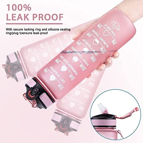 1l Water Bottles with Straw  Time Markings Motivational Sport Water Bottle | BPA Free Tritan Leak Proof Bottles for Men, Women, Running, Cycling, Office, Gym and Sport | One-Click Flip Lid (Pink)