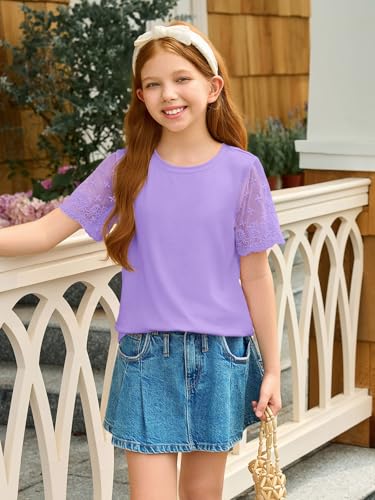 Image of Haloumoning Girls Lace Short Sleeve T Shirts Kids Summer Crewneck Tunic Tops Curved Hem 5-14 Years