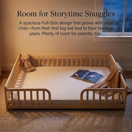 Image of Bellemave Full Size Montessori Floor Bed Frame with High Fence, Solid Wood Kids Floor Bed with Central Entrance, Low Profile Bed for Boys & Girls, Rounded Corner Design,Natural