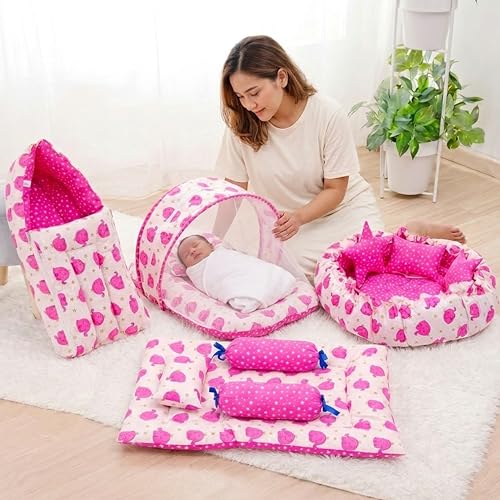 Image of Fareto Combo of Baby Nest | Net with Bed | Carry Bag | 4 Pcs Bedding Set(0-6 Months) (Fullset Nest) (Ele Pink)