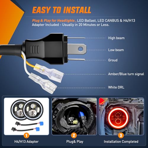 Image of Nilight 7 Inch Round LED Halo Headlights w /Turn Signal Amber Light Red DRL High Low Beam 7 inch Headlight Compatible with 2007 2008 2009 2010 2011 2012 2013 2014 2015 2016 2017 2018 Wrangler JK JKU