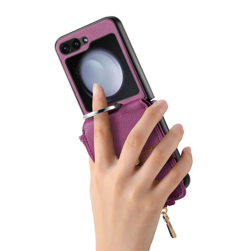 Generic Funda compatible con Samsung Galaxy Z Flip 4 (color: morado) funda de piel con cierre de anillo y tapa trasera dura