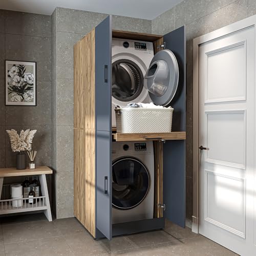 ROOMART Armario de lavadora Dora para secadora y lavadora, 4 colores, con puertas y tabla extensible (roble antracita)