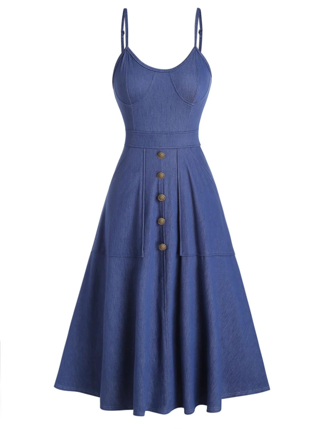 Vestito prendisole da donna in denim lavorato a maglia con tasche tinta unita con bottoni finti a vita alta