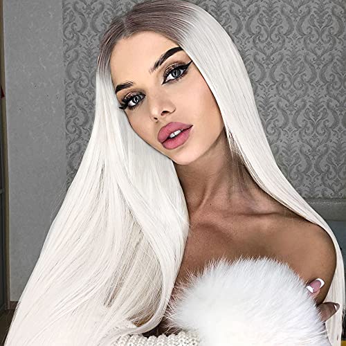 Nnzes White Lace Front Wig Long Ombre White Straight Wig Synthetic Wig for Women Middle Part 26inches Cosplay Halloween White wig(Omber White)