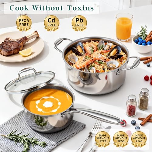 Yoehka 14-Piece Hybrid Stainless Steel Cookware Set, Pots and Pans Set with 3 Silicone Tri - image 4