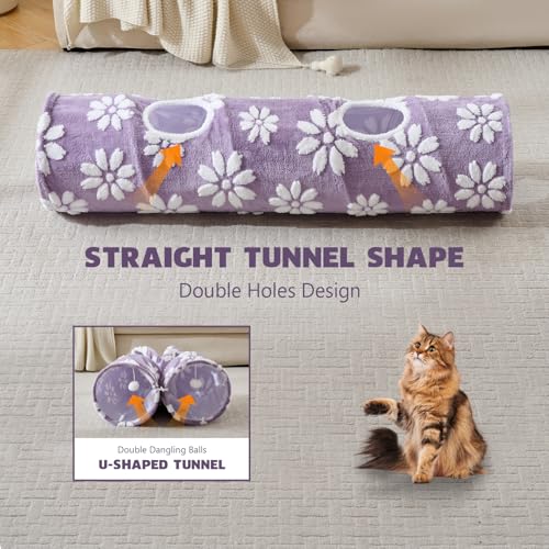 Image of Straight Cat Tunnel for Indoor Cats 47 inchx12 inch, Cute Cat Toys Collapsible Tunnel Tube with Balls for Puppy Kitten Rabbit, Purple Flower