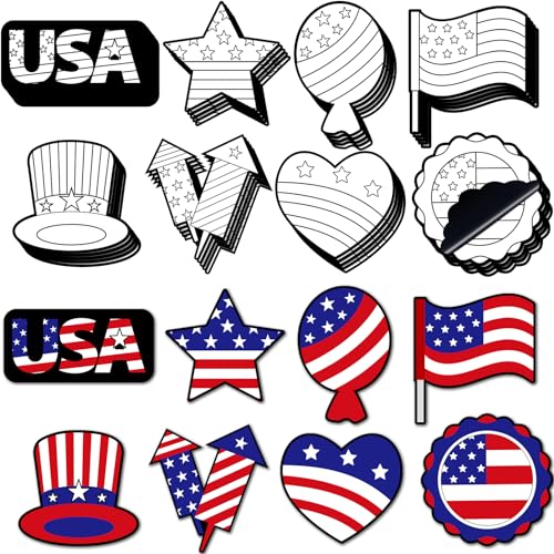 RattanView 48 Set 4th of July Magnets Craft for Kids Bulk Patriotic Fuzzy Coloring Magnetic Craft Kit with USA Patriotic Flag DIY Memorial Day Crafts Gifts for July 4th Veteran Day Party Home Activity