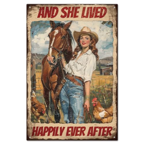GLOBLELAND 'And She Lived Happily Ever After' Funny Horse and Woman Metal Tin Sign 12x8in/30x20cm...