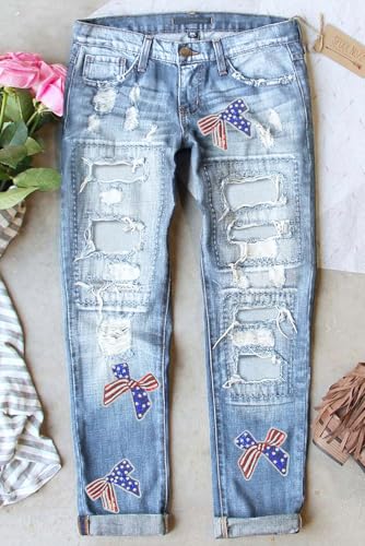 Women’s Light Blue Distressed Jeans with Sequin Bow and American Flag Pattern2