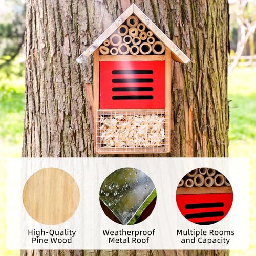 Image of Wooden Mason Insect Bee Butterfly House with Metal roof,an Outdoor Hanging Habitat for Bee Butterfly Ladybugs
