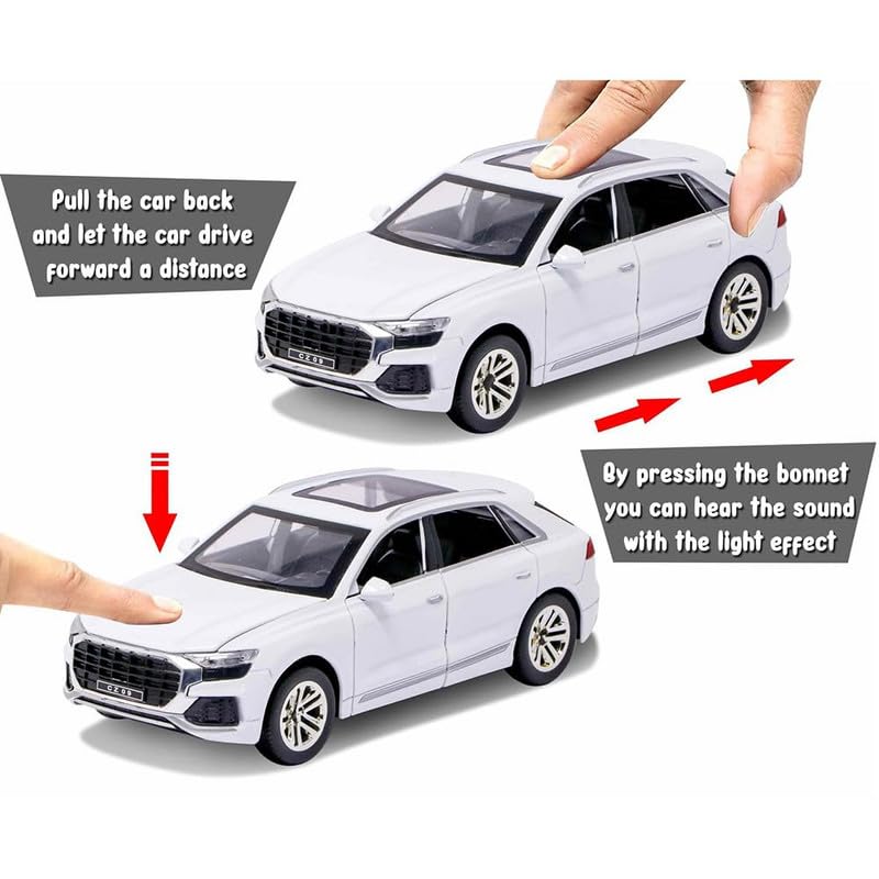 Image of Kids Model 1:32 Q8 Die Cast Metal Car Pull Back Action Opening Doors with Realistic Engine Sound Lights Toy Car Gift for Boys - White