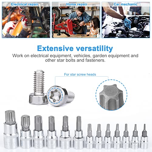 Gueenky 13 Pièces Douille Torx Male T8 - T70, 1/4" 3/8" 1/2" Coffret Embout Torx Douille Etoile a Embout 6 Pans, 37 mm/48 mm/55 mm Long – vue 5
