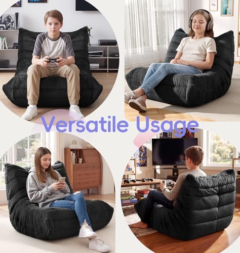 Image of Hobestluk Medium Bean Bag Chair Faux Fur Fabric BeanBag Couch for Playroom | Black Plush,Ergonomic Design,Memory Foam,Strong Supportive,No Assembly Required,Decorative Style for Living Room Bedroom