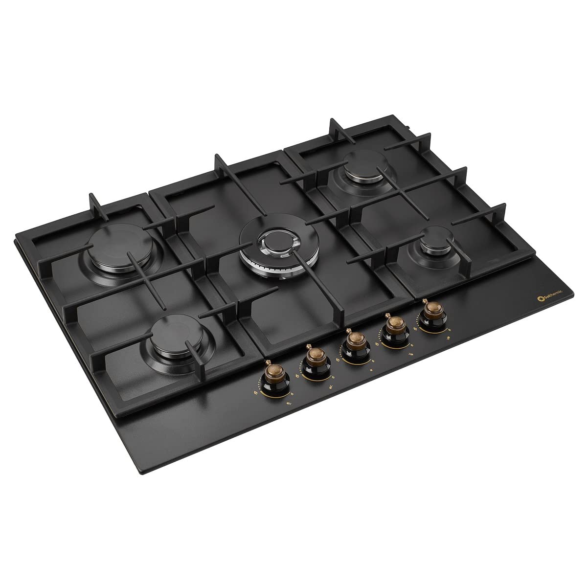 SOLTHERMIC BL032 PLACA GAS NEGRA RUSTICA CON MANDOS DORADOS/ANCHO 70 CM ENCASTRABLE EN HUECO DE 60 CM / 5 FUEGOS CON ENCENDIDO AUTOMATICO/PARRILLA HIERRO FUNDIDO