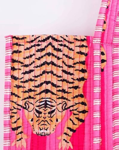 Image of YILLE Cotton Quilted Floral & Tiger Print Tote Bag, 18 x 18 inches For Grocery Shopping, Travel