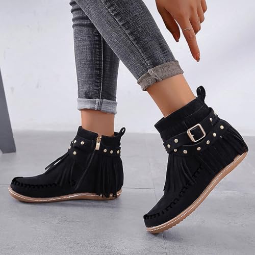 Ankle Cowboy Boots for Women Bohemian Wide Round Toe Chunky Bottom Vintage Suede Tassel Lace Up Western Cowboy Ankle Boots Fashion Pull On Retro Low Heel Mid Calf Dress Shoes with Zipper3