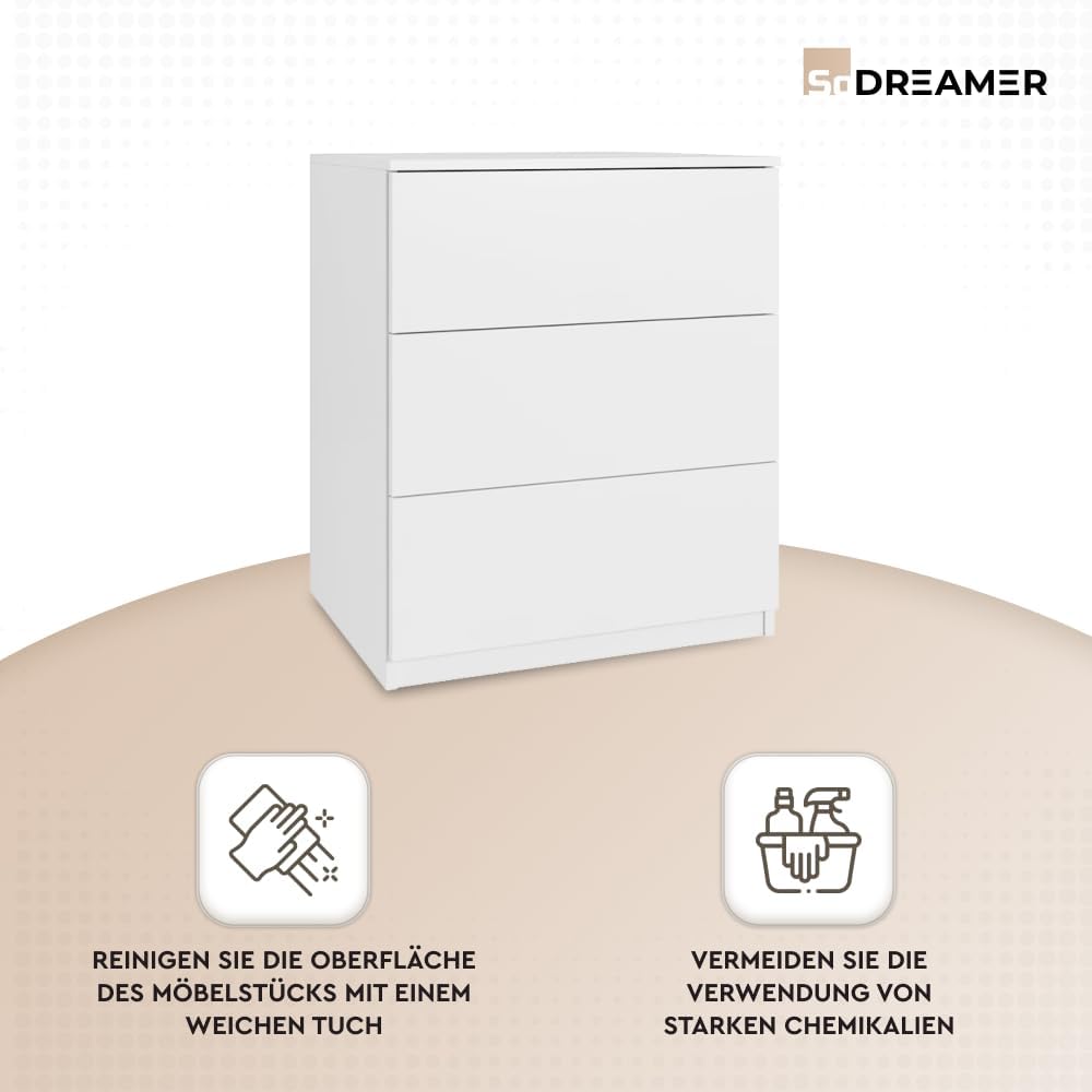 Kommode 3 Schubladen | Farbe: weiß | 80x60x50 cm | Schrank für Kleidung, Dokumente, kleine Gegenstände | Ideal für Schlafzimmer, Wohnzimmer, Kinderzimmer und Büro | 3 geräumige