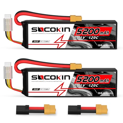 Socokin Lipo Battery 3S 5200mAh 120C 11.1V RC Battery with XT60 and TR Plug Compatible with DJI Quadcopter RC Plane RC Airplane RC Helicopter RC Car Model Truck Boat Soft Case (2 Pack)