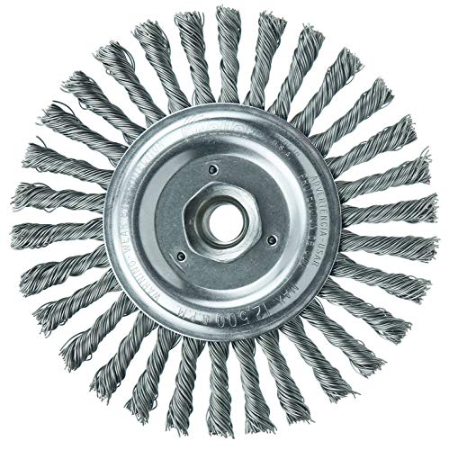 Image of Weiler 09386 Roughneck Jr. 6 inch Filler Pass Weld Cleaning Brush, .023 inch Steel Wire Fill, 5 /8 inch-11 UNC Nut, Made in The USA (Pack of 10)