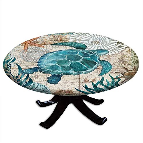 Mantel redondo ajustable con diseño de tortuga marina, mapa azul náutico, navegación de criaturas marinas, borde elástico, impermeable y lavable, adecuado para fiestas de cocina, restaurante, apto