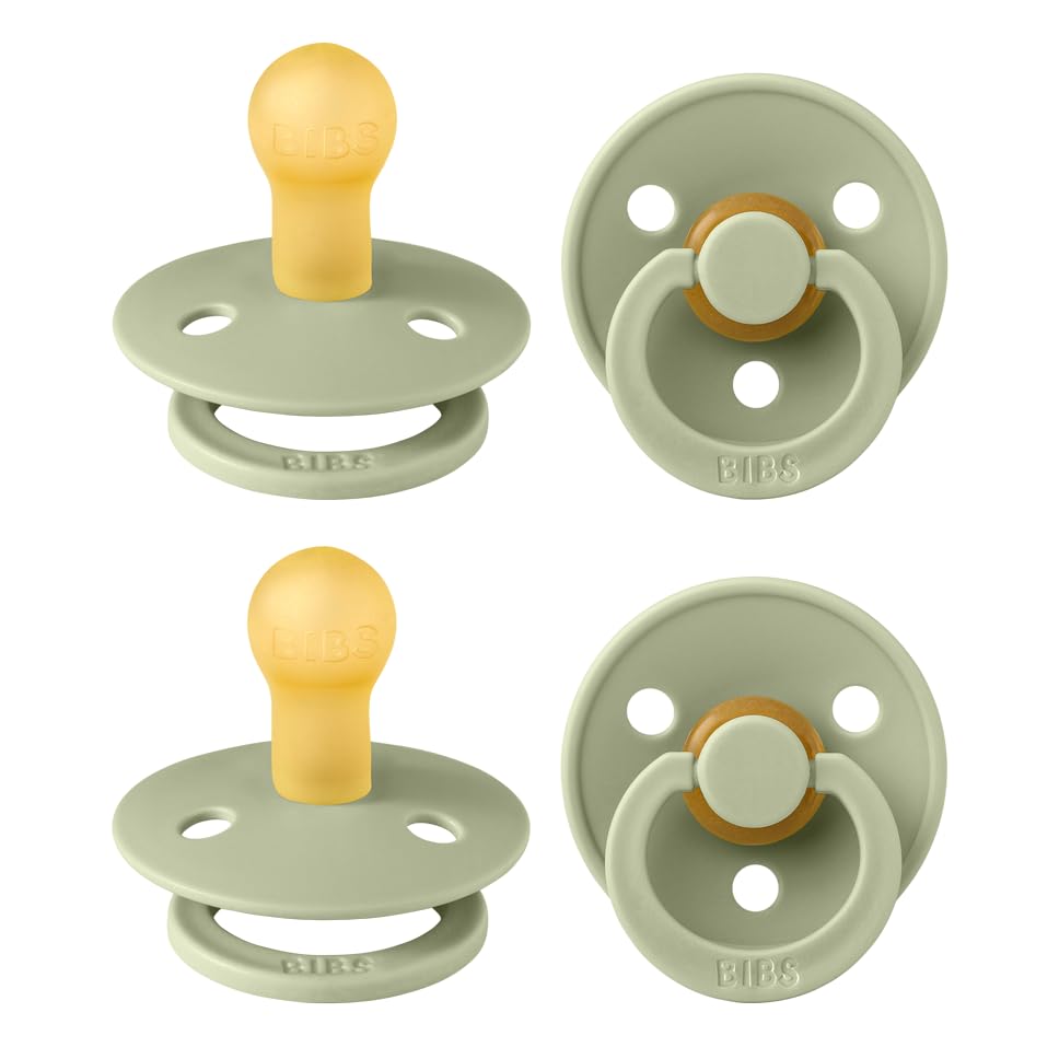Image of BIBS Pacifiers - Colour 4-Pack | BPA Free Baby Pacifier | Round Nipple Binkies | Natural Rubber Latex Soother | Made in Denmark | Size 1 (0-6 Months) |Sage