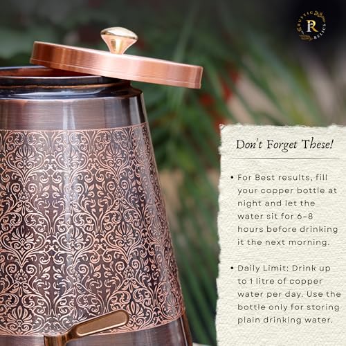 Image of Antique Copper Water Matka - 8L | with Eye Catching Embosed Engraving Design | Copper Water Storage Dispenser with Ayurvedic Health Beneifts | for Home and Offices Purpose