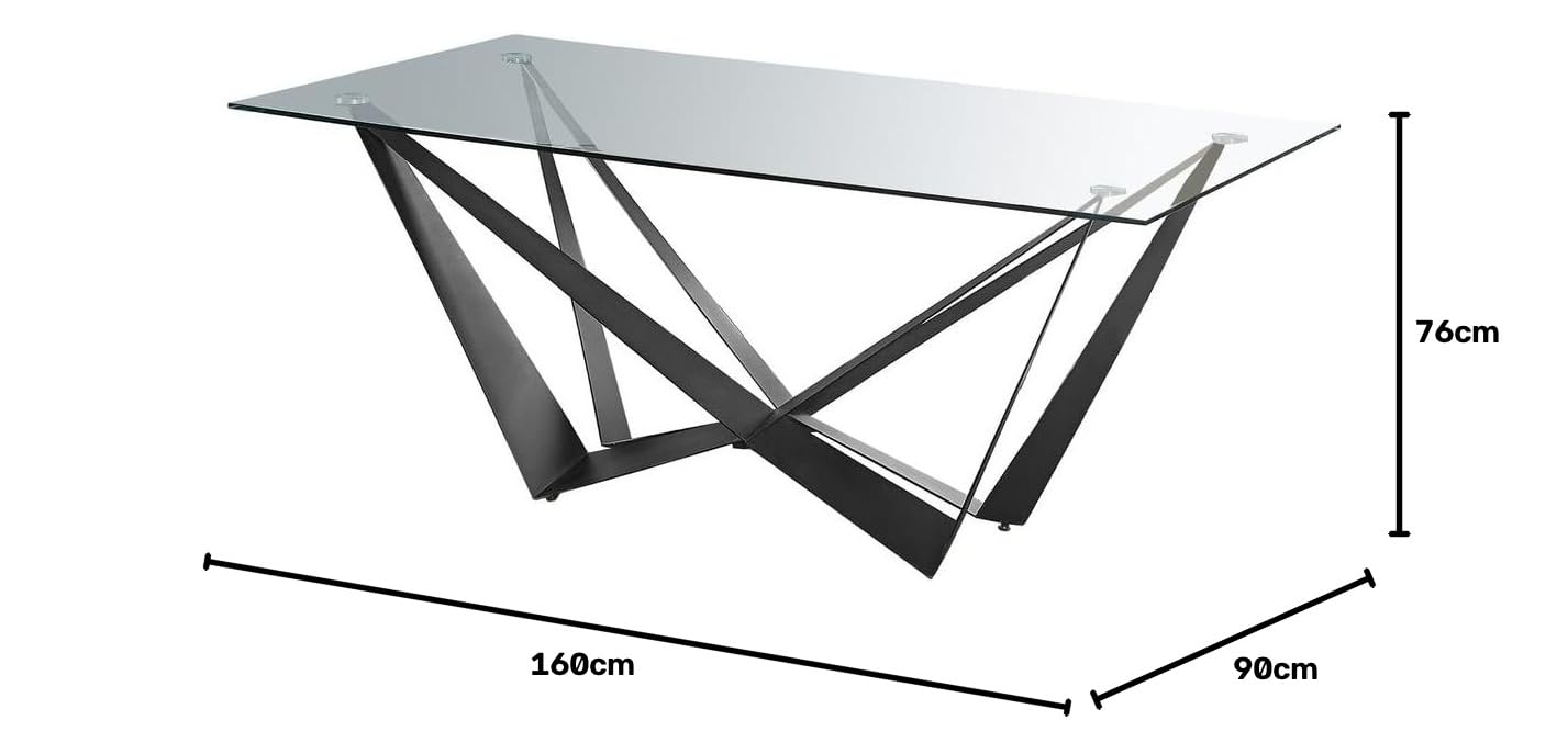 Table de salle à manger avec pieds métalliques noirs inclinés et plateau en verre trempé - 160 x 90 x 76 cm - Design moderne et industriel haute résistance