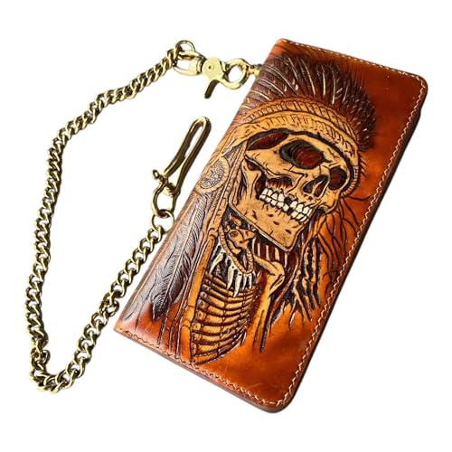 Handmade Indian Skull Leather Carving Long Wallet, Long Wallet, Hand-carved, Leather Carving Wallet with Bronze Chain