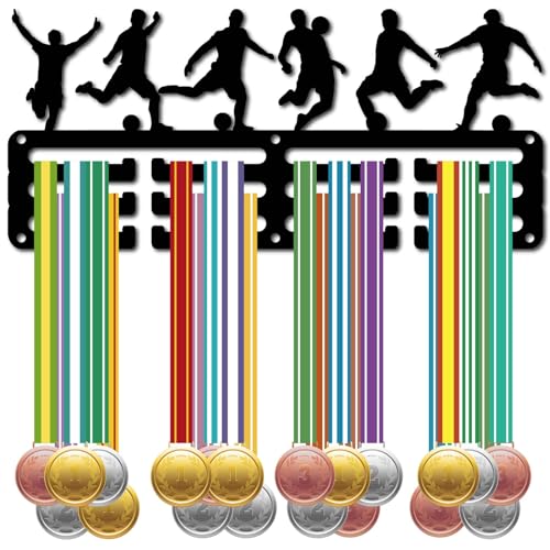 CREATCABIN Colgador Medallas Fútbol Soporte Medallas Deportes Carrera Competición Premios Organizador Cintas Soporte Marco Estante Metal Negro Pequeño para Colgar 40+ medallas Jugador Atletas 29x13cm