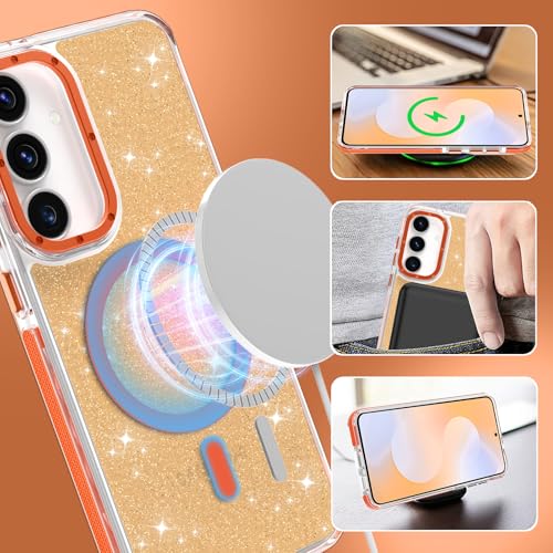 Image of Magnetic Case for Samsung Galaxy S25 FE 5G [Compatible with Magsafe] [Bling Glitter Fluorescent Design] [1 Screen Protector] Slim Translucent Matte Case for Galaxy S25 FE 5G 6.7 inch, Orange