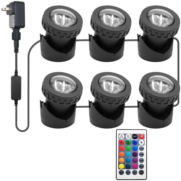 Colored Pond Lights with Timer, RGB Fountain Lights IP68 Waterproof Pond Light, Dimmable Outdoor Landscape Lights for Fish Tank Pond Fountain Garden, 6 Lights