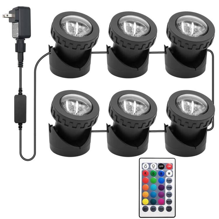Colored Pond Lights with Timer, RGB Fountain Lights IP68 Waterproof Pond Light, Dimmable Outdoor Landscape Lights for Fish Tank Pond Fountain Garden, 6 Lights