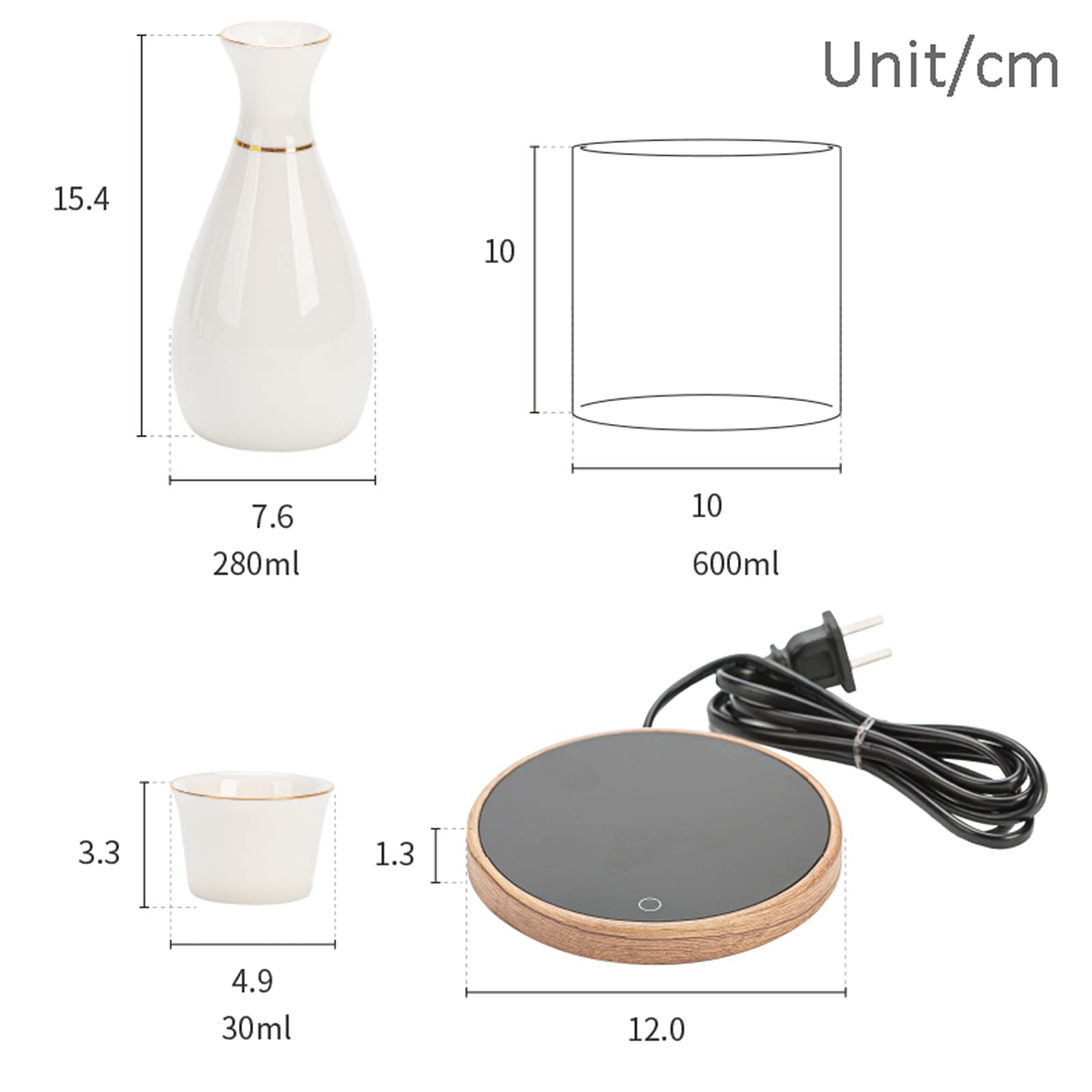 Set per sake in ceramica, set per sake con scaldavivande, set tradizionale per saka caldo da 9 pezzi, inclusa 1 tazza riscaldante, 1 pentola per sake, 6 tazze per sake e base riscaldante elettrica